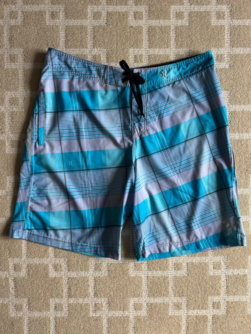Hurley Phantom Board Shorts Plaid Surf Swim Trunks Blue Gray 36 Waist (Large)